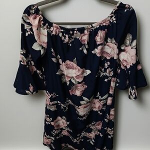 Floral Off-Shoulder Dress - Navy and Pink